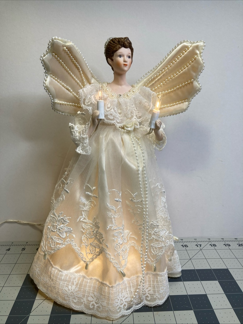 Vintage Lighted Angel Christmas Tree Topper 13” Porcelain Lace Gown Pearls